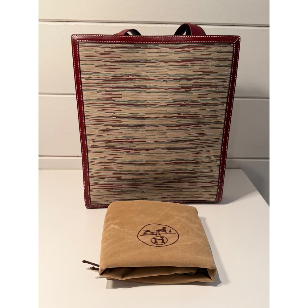 Hermes Vintage Tote Bag Burgundy Red Leather Woven Textile Striped Made in Franc - Picture 9 of 11